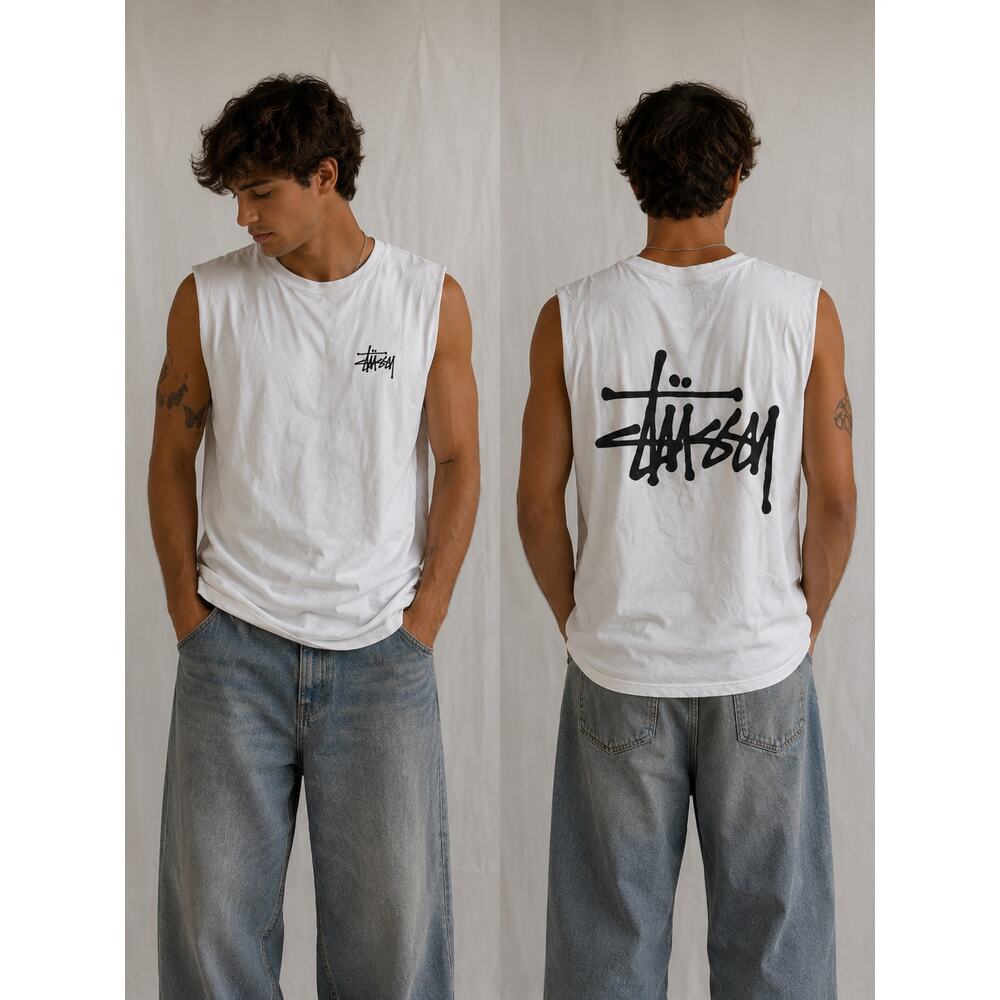 Stussy Muscle Tank Top Mens Small White Classic Script Logo Streetwear Casual